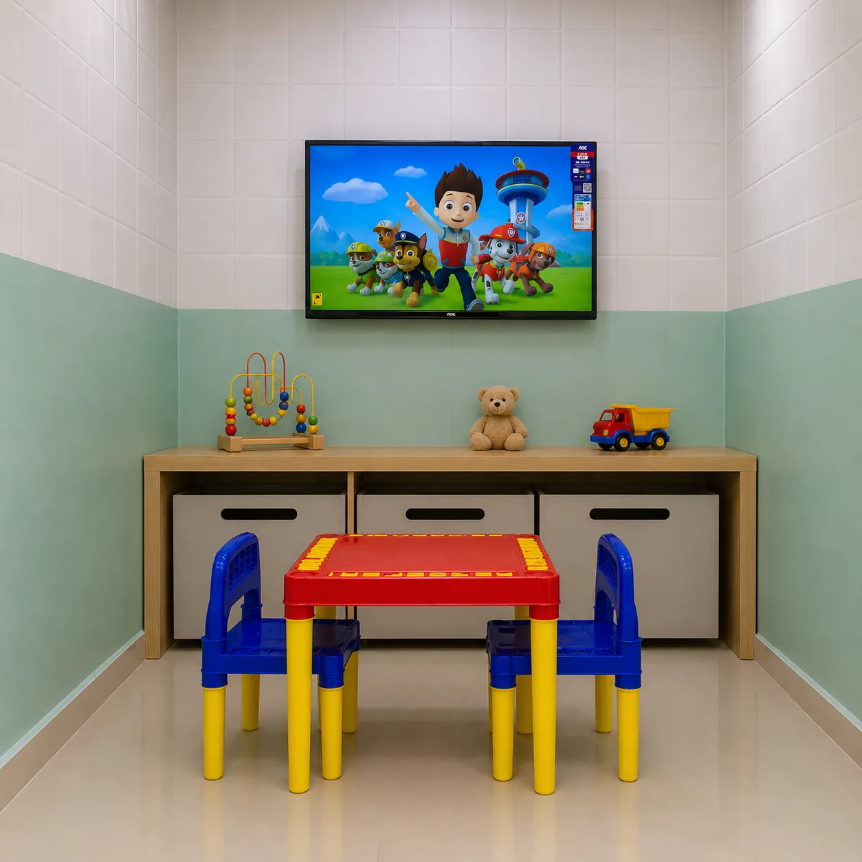 Espaço infantil com TV e brinquedos — odontopediatria Sanmede Manaus